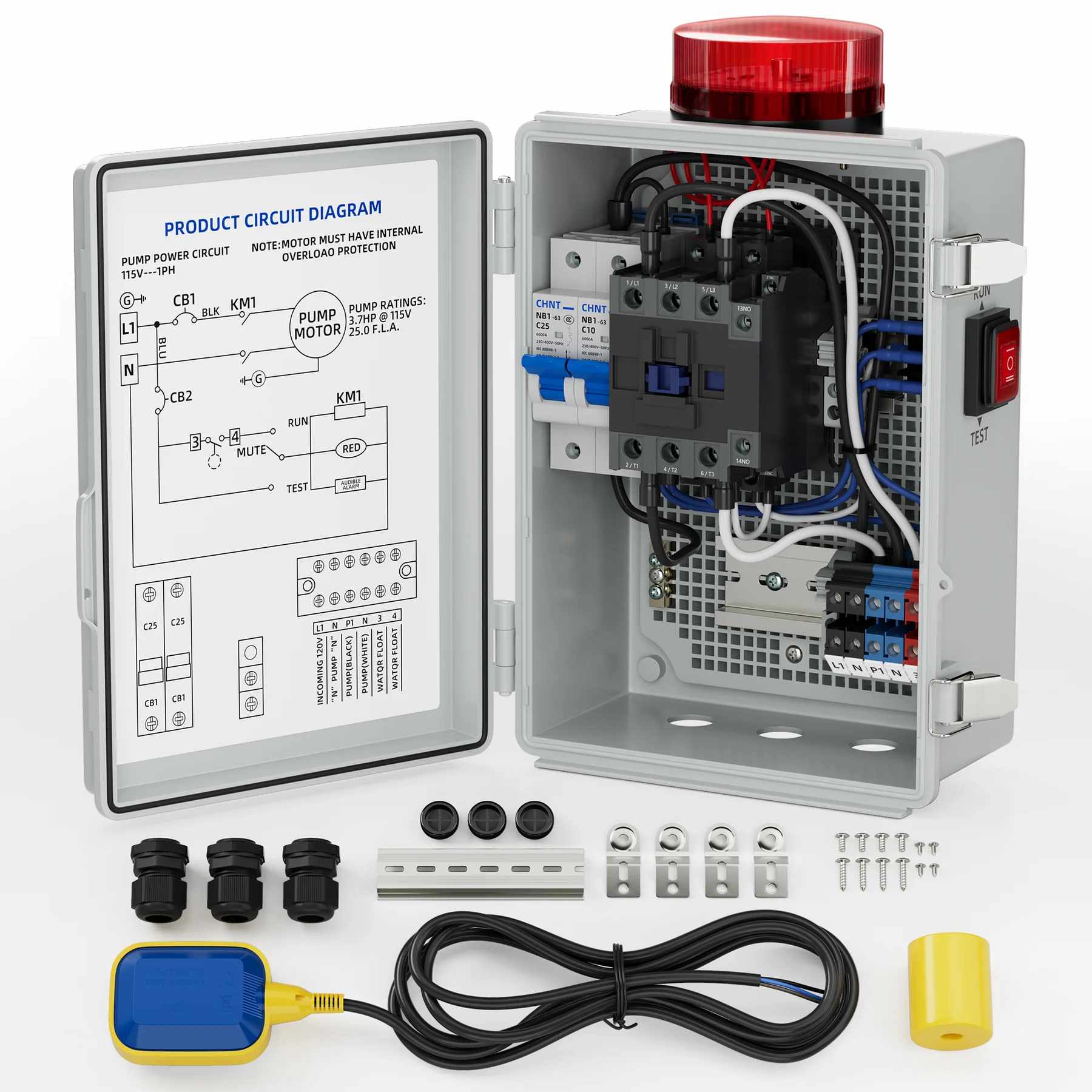 สัญญาณเตือนน้ำสูงอัตโนมัติสำหรับระบบปั๊มบ่อพร้อมสัญญาณเตือน 110dB